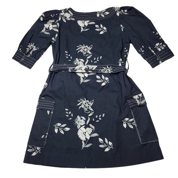 Caroline Constas Puff Sleeve V Neck Floral Dress Black White Tie Waist Small - Picture 2 of 10